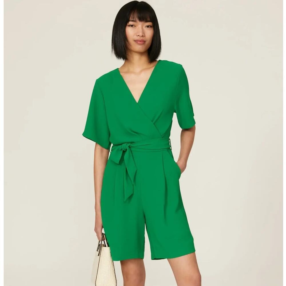 Tara Jarmon Calia Wrap Romper Short Sleeve Surplice V-Neck Tie Waist Green 42